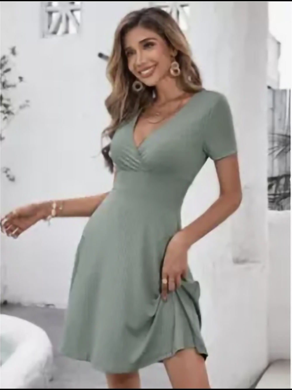 Women’s Sage Green V-Neck Fit & Flare Dress